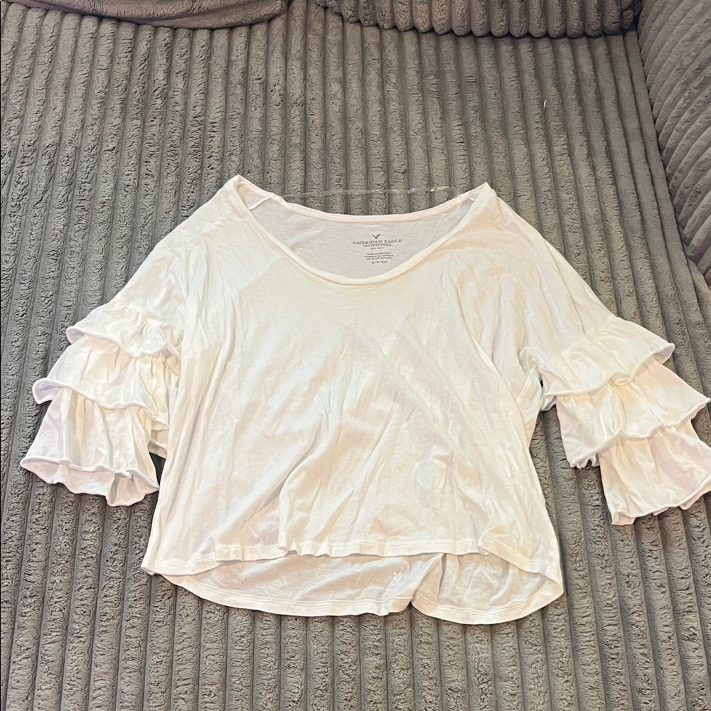 American Eagle White Ruffled Sleeve Top